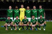 10 September 2019; The Republic of Ireland team, back row, from left, Ronan Curtis, Cyrus Christie, Mark Travers, Conor Hourihane, John Egan, and Kevin Long, and front row, from left, Alan Browne, Alan Judge, Josh Cullen, Callum O’Dowda, and Scott Hogan before the 3 International Friendly match between Republic of Ireland and Bulgaria at Aviva Stadium, Dublin. Photo by Stephen McCarthy/Sportsfile