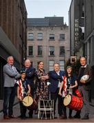 10 September 2019; RTÉ rugby analyst team and presenters, from left, Brent Pope, Bernard Jackman, Fiona Coughlan, Eddie O'Sullivan and Daire O'Brien in attendance alongside members of the EJ Taiko Team, Louis Bradley, age 11, left, and Sayako O'Donnell, age 13, at the RTÉ Sport Rugby World Cup 2019 Launch at Lemon & Duke, Royal Hibernian Way, Dublin. Photo by David Fitzgerald/Sportsfile