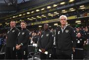 10 September 2019; Republic of Ireland manager Mick McCarthy, right, with from right to left, assistant coach Terry Connor, assistant coach Robbie Keane and goalkeeping coach Alan Kelly prior to the 3 International Friendly match between Republic of Ireland and Bulgaria at Aviva Stadium, Dublin. Photo by Stephen McCarthy/Sportsfile