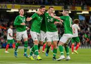 10 September 2019; Kevin Long of Republic of Ireland, left, celebrates with team-mates James Collins and Jack Byrne after scoring his side's second goal during the 3 International Friendly match between Republic of Ireland and Bulgaria at Aviva Stadium, Dublin. Photo by Seb Daly/Sportsfile