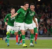 10 September 2019; Kevin Long of Republic of Ireland, left, celebrates with team-mate John Egan after scoring his side's second goal during the 3 International Friendly match between Republic of Ireland and Bulgaria at Aviva Stadium, Dublin. Photo by Seb Daly/Sportsfile