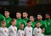 10 September 2019; Republic of Ireland players, from left, Callum O'Dowda, Alan Browne, Conor Hourihane, Josh Cullen, Scott Hogan and Cyrus Christie during the national anthem prior to the 3 International Friendly match between Republic of Ireland and Bulgaria at Aviva Stadium, Dublin. Photo by Seb Daly/Sportsfile