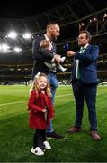 10 September 2019; Former Republic of Ireland internatioal David Meyler with his daughter Alanna and son Brody is interviewed by Daniel Kelly at half-time of the 3 International Friendly match between Republic of Ireland and Bulgaria at Aviva Stadium, Lansdowne Road in Dublin. Photo by Stephen McCarthy/Sportsfile