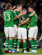 10 September 2019; Republic of Ireland players, from left, Jeff Hendrick, James McClean, Jack Byrne and Enda Stevens celebrate after James Collins scored their thrid goal during the 3 International Friendly match between Republic of Ireland and Bulgaria at Aviva Stadium, Lansdowne Road in Dublin. Photo by Stephen McCarthy/Sportsfile