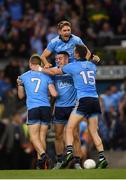 14 September 2019; Dublin players John Small, 7, Cormac Costello, Michael Fitzsimons, 3, and Dean Rock, 15, celebrate following the GAA Football All-Ireland Senior Championship Final Replay between Dublin and Kerry at Croke Park in Dublin. Photo by Stephen McCarthy/Sportsfile