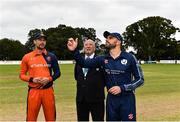 16 September 2019; Pieter Seelaar of Netherlands and Kyle Coetzer of Scotland with match referee Gerrie Pienaar at the toss ahead of the T20 International Tri Series match between Scotland and Netherlands at Malahide Cricket Club in Dublin. Photo by Sam Barnes/Sportsfile