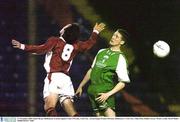 21 November 2003; Stuart Byrne, Shelbourne, in action against Conor O'Grady, Cork City.  eircom league Premier Division, Shelbourne v Cork City, Tolka Park, Dublin. Soccer. Picture credit; David Maher / SPORTSFILE *EDI*