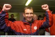 21 November 2003;  Shelbourne manager Pat Fenlon, celebrates in the team dressing room after victory over Cork City to win the eircom League Premier Division.  eircom league Premier Division, Shelbourne v Cork City, Tolka Park, Dublin. Soccer. Picture credit; David Maher / SPORTSFILE *EDI*