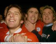 21 November 2003; Shelbourne players left to right, Stuart Byrne, Richie and Dessie Baker, celebrate after victory over Cork City to win the eircom League Premier Division.  eircom league Premier Division, Shelbourne v Cork City, Tolka Park, Dublin. Soccer. Picture credit; David Maher / SPORTSFILE *EDI*