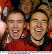 21 November 2003;  Shelbourne manager Pat Fenlon, right, celebrates with Richie Baker after victory over Cork City to win the eircom League Premier Division.  eircom league Premier Division, Shelbourne v Cork City, Tolka Park, Dublin. Soccer. Picture credit; David Maher / SPORTSFILE *EDI*