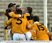 23 November 2003; St. Galls players, l to r, Paddy Murray, Darren O'Hare, Michael Culbert, Andrew McClean and Ciaran McGourty celebrate at the end of the game after victory over Four Masters. AIB Ulster Club Football Championship Semi-Final, Four Masters v St. Galls, St. Tighearnach's Park, Clones, Co. Monaghan. Picture credit; David Maher / SPORTSFILE *EDI*