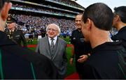 14 September 2019; President Michael D. Higgins is introduced to the match officials by match referee Conor Lane before the GAA Football All-Ireland Senior Championship Final Replay match between Dublin and Kerry at Croke Park in Dublin. Photo by Ray McManus/Sportsfile