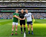 14 September 2019; Referee Conor Lane with the two captains, Paul Murphy of Kerry and Stephen Cluxton of Dublin, before the GAA Football All-Ireland Senior Championship Final Replay match between Dublin and Kerry at Croke Park in Dublin. Photo by Ray McManus/Sportsfile