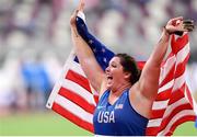 28 September 2019; DeAnna Price of USA celebrates after winning a gold medal in the Women's Hammer during day two of the World Athletics Championships 2019 at Khalifa International Stadium in Doha, Qatar. Photo by Sam Barnes/Sportsfile