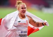 28 September 2019; Joanna Fiodorow of Poland celebrates after winning a silver medal in the Women's Hammer during day two of the World Athletics Championships 2019 at Khalifa International Stadium in Doha, Qatar. Photo by Sam Barnes/Sportsfile