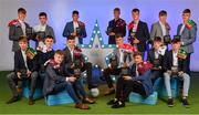 28 September 2019; The Electric Ireland Minor Football Team of the Year, back row, from left, Darragh Cashman of Millstreet and Cork, James Donaghy of Carrickmore St. Colmcilles and Tyrone, Ethan Henry of Mayo Gaels and Mayo, James McLaughlin of Moycullen and Galway, Michael O’Neill of Buttevant and Cork, Daniel Linehan of Castlemagner and Cork, and Oisín Tunney of Breaffy and Mayo, front row, from left, Devon Burns of Na Gaeil and Kerry, Aaron Browne of Celbridge and Kildare, Jonathan McGrath of Caherlistrane and Galway, Tomo Culhane of Salthill-Knocknacarra and Galway, Conor Corbett of Clyda Rovers and Cork, Daniel Cox of Moycullen and Galway, Ronan Boyle of Truagh Gaels and Monaghan, and Kerry and Dylan Geaney of Dingle and Kerry, at the 2019 Electric Ireland Minor Star Awards. The Football Team of the Year was selected by an expert panel of GAA legends including Alan Kerins, Derek McGrath, Karl Lacey and Tomás Quinn. The Electric Ireland GAA Minor Star Awards create a major moment for Minor players, showcasing the outstanding achievements of individual performers throughout the Championship season. The awards also recognise the effort of those who support them day in and day out, from their coaches to parents, clubs and communities. #GAAThisIsMajor  Photo by Seb Daly/Sportsfile