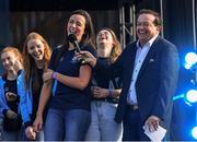 29 September 2019; Niamh McEvoy is interviewed by MC Marty Morrissey during the Dublin Senior Football teams homecoming at Merrion Square in Dublin. Photo by Piaras Ó Mídheach/Sportsfile