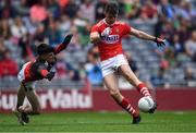 10 August 2019; Conor Corbett of Cork takes a shot on goal against Mayo goalkeeper Luke Jennings during the Electric Ireland GAA Football All-Ireland Minor Championship Semi-Final match between Cork and Mayo at Croke Park in Dublin. Photo by Piaras Ó Mídheach/Sportsfile