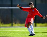 6 October 2019; Christopher McCarthy of Munster Senior League shoots to score his side's first goal during the FAI Michael Ward Inter League Tournament match between Munster Senior League and Connacht FA at Kilbarrack United in Dublin. Photo by Seb Daly/Sportsfile