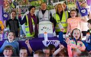 6 October 2019; Volunteers, from left, Emma Dillane, Niamh Keely and Lavinia Duggan pictured at the Shelbourne Junior parkrun where Vhi hosted a special event to celebrate their partnership with parkrun Ireland. Vhi hosted a lively warm up routine which was great fun for children and adults alike. Crossing the finish line was a special experience as children were showered with bubbles and streamers to celebrate their achievement and each child received a gift. Junior parkrun in partnership with Vhi support local communities in organising free, weekly, timed 2km runs every Sunday at 9.30am. To register for a parkrun near you visit www.parkrun.ie. Photo by Piaras Ó Mídheach/Sportsfile