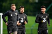 9 October 2019; Republic of Ireland players, from left, James McClean, James Collins and Scott Hogan during a Republic of Ireland training session at the FAI National Training Centre in Abbotstown, Dublin. Photo by Seb Daly/Sportsfile
