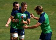 11 October 2019; Josh van der Flier, centre, is tackled by Cian Healy and Jordi Murphy during the Ireland Captain's Run at the Fukuoka Hakatanomori Stadium in Fukuoka, Japan. Photo by Brendan Moran/Sportsfile