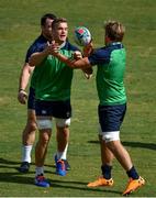 11 October 2019; Josh van der Flier, centre, is tackled by Cian Healy and Jordi Murphy during the Ireland Captain's Run at the Fukuoka Hakatanomori Stadium in Fukuoka, Japan. Photo by Brendan Moran/Sportsfile