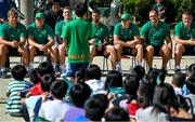 11 October 2019; A student asks a question of Ireland players, from left, Jordi Murphy, Sean Cronin, Chris Farrell, Rob Kearney, Garry Ringrose, Rhys Ruddock and John Ryan during a visit by the Ireland rugby squad to Kasuga Elementary School in Kusaga, Fukuoka, Japan. Photo by Brendan Moran/Sportsfile