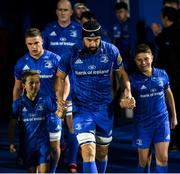 11 October 2019; Leinster captain Scott Fardy with matchday mascots 8 year old Robert Slattery, from Terenure, Dublin, and 10 year old Herbie Boyle, from Donnybrook, Dublin, ahead of the Guinness PRO14 Round 3 match between Leinster and Edinburgh at the RDS Arena in Dublin. Photo by Ramsey Cardy/Sportsfile