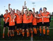 13 October 2019; Sean McManus of Bohemians lifts the Mark Farren cup following the SSE Airtricity League - U17 Mark Farren Cup Final match between Kerry and Bohemians at Mounthawk Park in Tralee, Kerry. Photo by Harry Murphy/Sportsfile