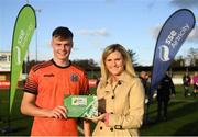 13 October 2019; Evan Ferguson of Bohemians is presented his Man of the Match award by Leanna Sheill of SSE Airtricity following the SSE Airtricity League - U17 Mark Farren Cup Final match between Kerry and Bohemians at Mounthawk Park in Tralee, Kerry. Photo by Harry Murphy/Sportsfile