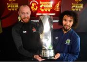 17 October 2019; Chris Shields of Dundalk FC, left, and Bastien Hery of Linfield FC in attendance at The Unite the Union Champions Cup launch at Windsor Park, Belfast. Photo by Mark Marlow/Sportsfile