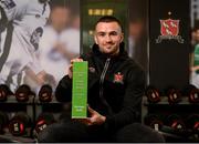 17 October 2019; Michael Duffy of Dundalk with the SSE Airtricity/SWAI Player of the Month Award for September 2019 at Oriel Park, Dundalk. Photo by Oliver McVeigh/Sportsfile