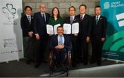 17 October 2019; In attendance during the official signing of an agreement between Paralympics Ireland and Narita City at the Paralympics Ireland Tokyo 2020 Team Conference are, from left, Narito City representative Kentaro Abe, Director of National Governing Bodies and High Performance at Sport Ireland Paul McDermott, CEO Paralympics Ireland Miriam Malone, President of Paralympics Ireland John Fulham, General Manager of Narita Katsuji Shimizu, Kenichiro Sasame of the Japanese Embassy and Narito City representative Yoshimitsu Ito in the National Sports Campus Conference Centre at Abbotstown, Co Dublin. Narita City will be the host city to Team Ireland's pre-games training camp ahead of #Tokyo2020. Photo by David Fitzgerald/Sportsfile