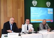 18 October 2019; Declan Conroy, Project Leader, UEFA EURO 2020, Dublin, left, Superintendent Tim Burke, Donnybrook Garda Station, and Barry Kenny, Iarnród Éireann Head of Corporate Communications, right, during a media briefing, at the Aviva Stadium, where it was announced Lansdowne Road DART Station will close temporarily on the evening of Monday, 18th November for the UEFA EURO 2020 Qualifying match between Republic of Ireland and Denmark. This closure, which will take place between 5.30pm and 11pm, is part of a trial operational exercise ahead of the Aviva Stadium’s hosting of four games during UEFA EURO 2020 next summer. DART services will continue as scheduled, but passengers will be required to disembark at either Grand Canal Dock DART Station or Sandymount DART Station during the closure. The matches at EURO 2020 will have different profiles, requirements, mobility patterns, and ticketing systems to a normal game at Aviva Stadium. Following reviews at UEFA Tournament and Finals, UEFA has made a recommendation to increase the size of the Outer Perimeter in order to ensure there is no congestion in all areas around the Aviva Stadium.  Photo by Stephen McCarthy/Sportsfile