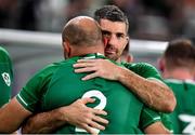 19 October 2019; Rory Best of Ireland is embraced by team-mate Rob Kearney after the 2019 Rugby World Cup Quarter-Final match between New Zealand and Ireland at the Tokyo Stadium in Chofu, Japan. Photo by Brendan Moran/Sportsfile