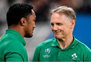 19 October 2019; Ireland head coach Joe Schmidt, right, with Bundee Aki after the 2019 Rugby World Cup Quarter-Final match between New Zealand and Ireland at the Tokyo Stadium in Chofu, Japan. Photo by Brendan Moran/Sportsfile