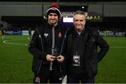 25 October 2019; Michael Duffy of Dundalk, left, is presented the Dundalk FC Goal of the Season by Michael Duffy, Fyffes, during the SSE Airtricity League Premier Division match between Dundalk and St Patrick's Athletic at Oriel Park in Dundalk, Co Louth. Photo by Stephen McCarthy/Sportsfile