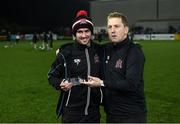 25 October 2019; Michael Duffy of Dundalk is presented the Players Player of the year by Dundalk head coach Vinny Perth prior to the the SSE Airtricity League Premier Division match between Dundalk and St Patrick's Athletic at Oriel Park in Dundalk, Co Louth. Photo by Stephen McCarthy/Sportsfile