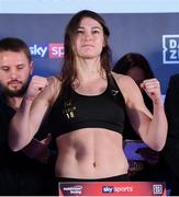 1 November 2019; Katie Taylor weighs-in at the Radisson Blu Edwardian Hotel in Manchester, England, ahead of her WBO Women's Super-Lightweight World title fight against Christina Linardatou on Saturday night at the Manchester Arena. Photo by Stephen McCarthy/Sportsfile