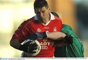 23 November 2003; Jason Ward, St. Brigid's, in action against John Dowd, Clonguish. AIB Leinster Club Football Championship Semi-Final, Clonguish v St. Brigid's, Cusack Park, Mullingar, Co. Westmeath. Picture credit; Brendan Moran / SPORTSFILE *EDI*