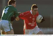 23 November 2003; John Noonan, St Brigid's, in action against Seamus Hagan, Clonguish. AIB Leinster Club Football Championship Semi-Final, Clonguish v St. Brigid's, Cusack Park, Mullingar, Co. Westmeath. Picture credit; Brendan Moran / SPORTSFILE *EDI*