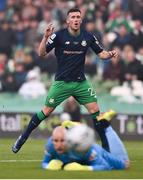 3 November 2019; Aaron Greene of Shamrock Rovers and Dundalk goalkeeper Gary Rogers watch a shot go wide of the post during the extra.ie FAI Cup Final between Dundalk and Shamrock Rovers at the Aviva Stadium in Dublin. Photo by Ben McShane/Sportsfile