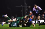 8 November 2019; Luke McGrath of Leinster is tackled by Caolin Blade, 9, and Eoghan Masterson of Connacht during the Guinness PRO14 Round 6 match between Connacht and Leinster at the Sportsground in Galway. Photo by Ramsey Cardy/Sportsfile
