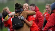 10 November 2019; Siobhán Divilly of Kilkerrin - Clonberne celebrates with a supporter after the All-Ireland Ladies Football Senior Club Championship Semi-Final match between Kilkerrin - Clonberne and Foxrock - Cabinteely at the Connacht GAA Centre of Excellence in Claremorris, Co Mayo. Photo by Piaras Ó Mídheach/Sportsfile