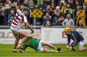 10 November 2019; Sé McGuigan of Slaughtneil in action against Conor McKinley and Ryan Elliott of Dunloy during the Ulster GAA Hurling Senior Club Championship Final match between Slaughtneil and Dunloy at Páirc Esler, Newry, Co Down. Photo by Philip Fitzpatrick/Sportsfile
