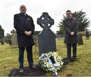 21 November 2019; Uachtarán Cumann Lúthchleas Gael John Horan, left, and Ard Stiúrthóir of the GAA Tom Ryan after placing a wreath at the headstone of Jerome O’Leary during the unveiling of headstones on the graves of Jerome O’Leary, 10, Michael Feery, 40, and Patrick O’Dowd, 57, who are among the 14 people killed at Croke Park on this day 99 years ago on what became known as Bloody Sunday. These unveilings complete the list of seven Bloody Sunday victims who until recently had all been buried in unmarked graves at different locations at Glasnevin Cemetery in Dublin. Photo by Matt Browne/Sportsfile