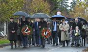 21 November 2019; Uachtarán Cumann Lúthchleas Gael John Horan, centre, Monsignor Eoin Thynne, left, and Ard Stiúrthóir of the GAA Tom Ryan with relatives of the deceased at the unveiling of headstones on the graves of Jerome O’Leary, 10, Michael Feery, 40, and Patrick O’Dowd, 57, who are among the 14 people killed at Croke Park on this day 99 years ago on what became known as Bloody Sunday. These unveilings complete the list of seven Bloody Sunday victims who until recently had all been buried in unmarked graves at different locations at Glasnevin Cemetery in Dublin. Photo by Matt Browne/Sportsfile