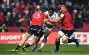 23 November 2019; Virimi Vakatawa of Racing 92 is tackled by Chris Farrell, left, and CJ Stander of Munster during the Heineken Champions Cup Pool 4 Round 2 match between Munster and Racing 92 at Thomond Park in Limerick. Photo by Sam Barnes/Sportsfile