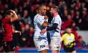 23 November 2019; Simon Zebo of Racing 92, left, reacts after Finn Russell of Racing 92, right, goes over to score his side's first try during the Heineken Champions Cup Pool 4 Round 2 match between Munster and Racing 92 at Thomond Park in Limerick. Photo by Sam Barnes/Sportsfile